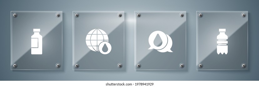 Set Bottle of water, Water drop, Earth planet in and . Square glass panels. Vector