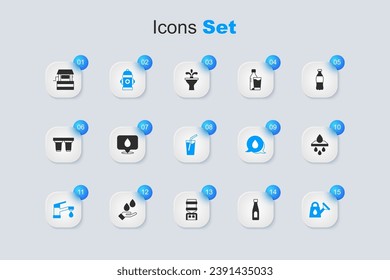 Set Botella de agua, Agua gota con ubicación, Agua de fuego, grifo, Aguas, cartucho de filtro, Icono de pozo y vidrio. Vector