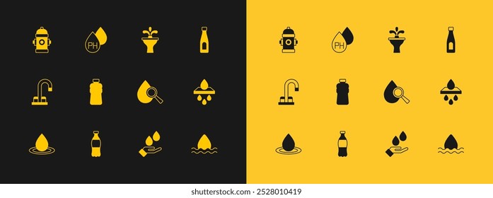 Set Bottle of water, Drop and magnifying glass, Washing hands with soap, Fountain, Fire hydrant and Water drop icon. Vector