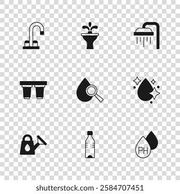 Set Bottle of water, Water drop, Drop and magnifying glass, Shower, tap, Fountain and filter cartridge icon. Vector