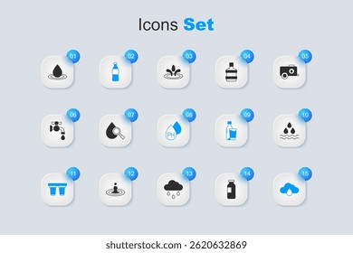 Set Bottle of water, Drop and magnifying glass, Water filter cartridge, Cloud with rain, drop,  and  icon. Vector
