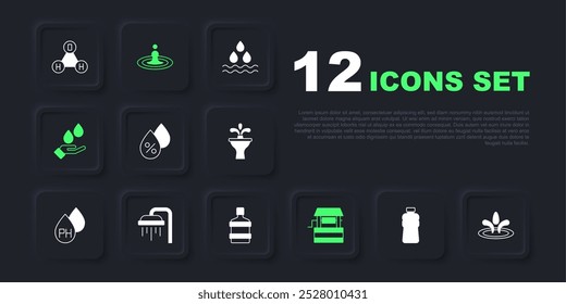 Set Bottle of water, Water drop, percentage, Well, Washing hands with soap, Shower,  and Big bottle clean icon. Vector