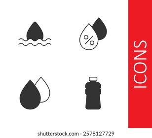 Set Bottle of water, Water drop,  and percentage icon. Vector