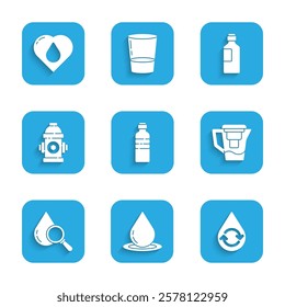 Set Bottle of water, Water drop, Recycle clean aqua, jug with filter, Drop and magnifying glass, Fire hydrant,  and Heart icon. Vector