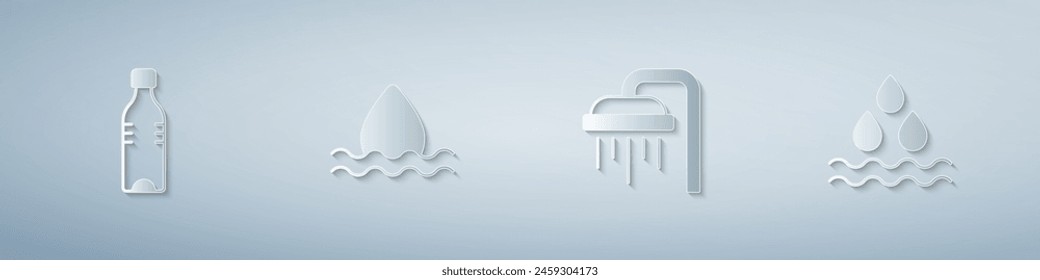 Set Bottle of water, Water drop, Shower and . Paper art style. Vector