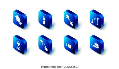 Set Bottle of water, Dumbbell, Chest expander, Tape measure, Apple, Old hourglass and Smart watch on hand icon. Vector