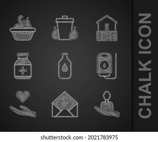 Set Bottle of water, Envelope with Valentine heart, Caring for people, Blood Donation, Heart hand, Medicine Bottle pills, Free home delivery and Donation food box icon. Vector