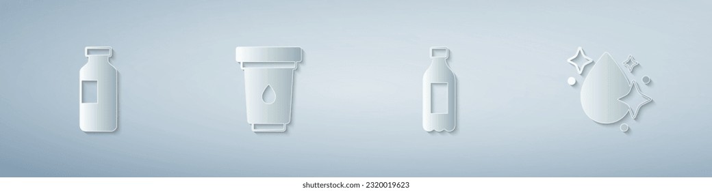 Set Bottle of water, Water filter cartridge,  and drop. Paper art style. Vector