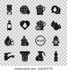 Set Bottle of water, Fire hydrant, Water drop, jug with filter, Heart, cooler and  icon. Vector