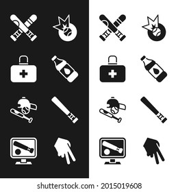 Set Bottle of water, First aid kit, Crossed baseball bat, Baseball, with ball, hat, glove and Monitor game icon. Vector