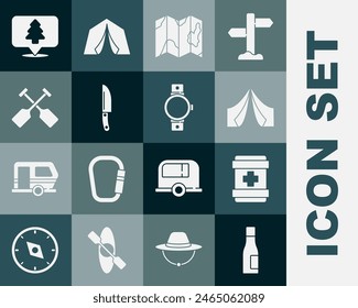 Set Bottle of water, First aid kit, Tourist tent, Location the forest on map, Knife, Paddle,  and Smartwatch icon. Vector