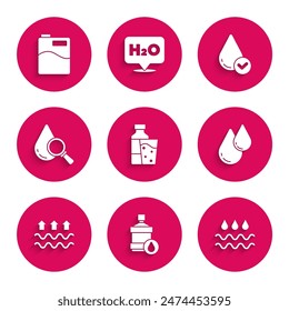 Set Bottle of water with glass, Big bottle clean, Wave drop, Water, Waves and evaporation, Drop magnifying,  and  icon. Vector
