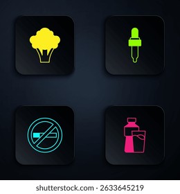 Set Bottle of water with glass, Broccoli, No Smoking and Pipette oil. Black square button. Vector