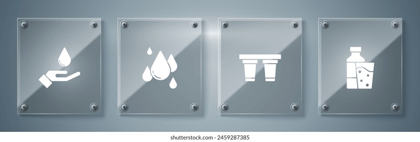 Set Bottle of water with glass, Water filter, drop and Washing hands soap. Square glass panels. Vector