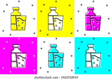 Set Bottle of water with glass icon isolated on color background. Soda aqua drink sign.  Vector