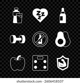 Set Bottle of water with glass, Sleepy, Essential oil bottle, Apple, Bathroom scales, Bodybuilder muscle, Dumbbell and No alcohol icon. Vector