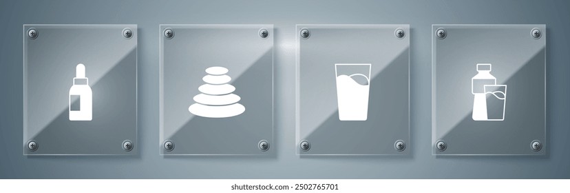 Set Botella de agua con vidrio, vidrio, apilar piedras calientes y botella de aceite esencial. Paneles de vidrio cuadrados. Vector