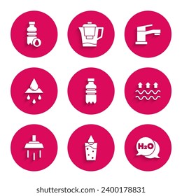 Set Bottle of water, Glass with, Chemical formula for H2O, Waves and evaporation, Shower, Recycle clean aqua, Water tap and  icon. Vector
