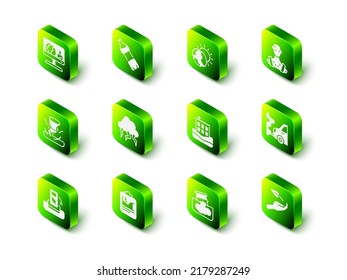Set Bottle of water, Global warming, High human body temperature, Car exhaust, Sprout hand, House flood, Barrel oil leak and  icon. Vector