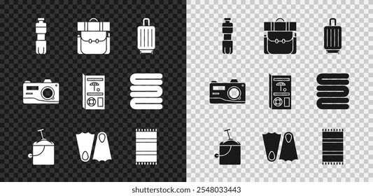 Set Bottle of water, Hiking backpack, Suitcase, Sand bucket with shovel, Rubber flippers, Beach towel, Photo camera and Travel brochure icon. Vector