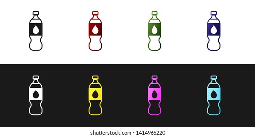 Set Bottle of water icon isolated on black and white background. Soda aqua drink sign. Vector Illustration