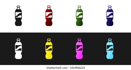 Set Bottle of water icon isolated on black and white background. Soda aqua drink sign. Vector Illustration
