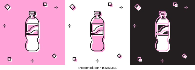 Set Bottle of water icon isolated on pink and white, black background. Soda aqua drink sign.  Vector Illustration