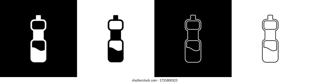 Set Bottle of water icon isolated on black and white background. Soda aqua drink sign.  Vector Illustration