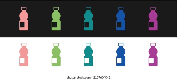 Set Bottle of water icon isolated on black and white background. Soda aqua drink sign.  Vector