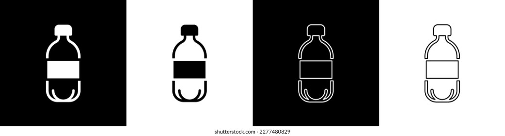 Set Bottle of water icon isolated on black and white background. Soda aqua drink sign.  Vector
