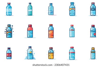 Set of bottle of water icons with a blue liquid inside.white background. isolated, icons, Bottle logo sets . flat style bottle sets. 