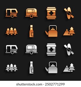 Set Bottle of water, Kayak or canoe, Mountains with tree, Kettle handle, Forest, First aid kit, Rv Camping trailer and  icon. Vector