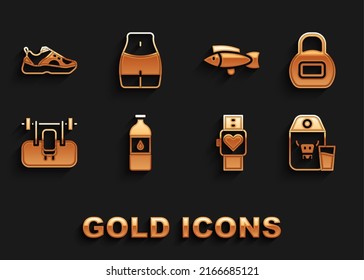 Set Bottle of water, Kettlebell, Paper package for milk, Smart watch, Bench with barbel, Fish, Sport sneakers and Women waist icon. Vector