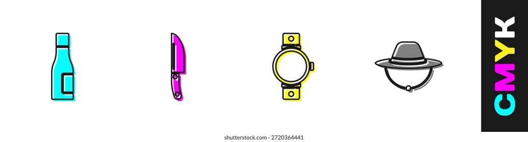 Conjunto de botella de agua, cuchillo, reloj inteligente y el icono de sombrero de camping. Vector