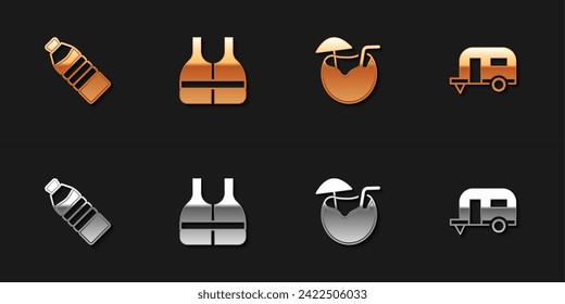 Set Bottle of water, Life jacket, Coconut cocktail and Rv Camping trailer icon. Vector
