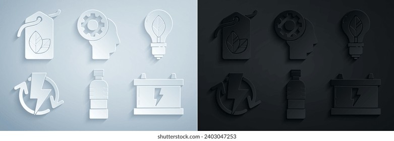 Set Bottle of water, Light bulb with leaf, Recharging, Car battery, Human head gear inside and Tag symbol icon. Vector