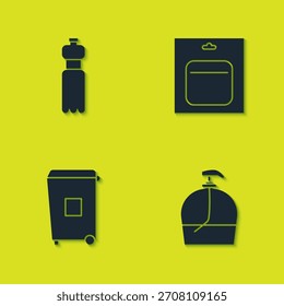 Conjunto de botella de agua, jabón líquido, papelera y batería en el icono del paquete. Vector