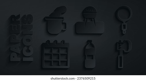 Set Bottle of water, Magnifying glass, Calendar, Wooden axe, Barbecue grill and Cup tea icon. Vector