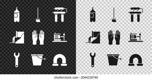 Set Bottle of water, Mop, Water filter, Wrench spanner, Bucket, Industry metallic pipe, Wastewater and Rubber gloves icon. Vector