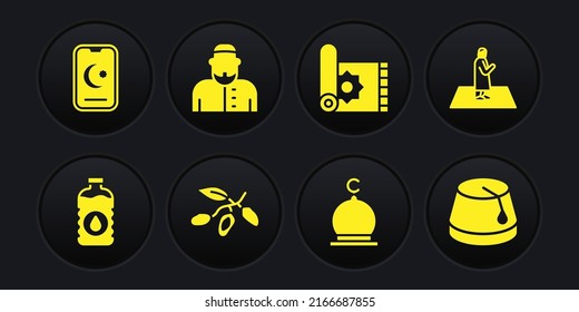 Set Bottle of water, Muslim man prays, Date fruit, Mosque, Traditional carpet, Turkish hat and Star and crescent icon. Vector