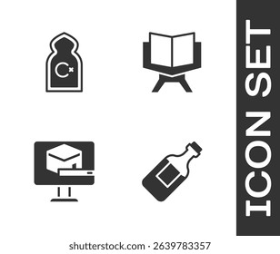 Set Bottle of water, Muslim Mosque, Kaaba mosque and Holy book Koran icon. Vector
