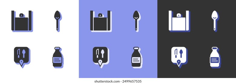 Set Bottle of water, Online ordering food, Cafe and restaurant location and Spoon icon. Vector