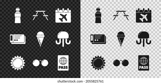 Set Bottle of water, Picnic table with benches, Calendar and airplane, Sun, Glasses, Passport, Travel ticket and Ice cream in waffle cone icon. Vector