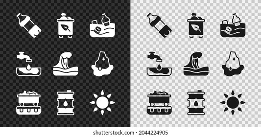 Set Bottle of water, Recycle bin with recycle, Problem pollution the ocean, Coal train wagon, Barrel oil, Sun, Water problem and Tsunami icon. Vector