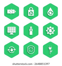 Set Bottle of water, Recycle symbol inside shield, Electric saving plug leaf, Gear and arrows as workflow, clean aqua, Solar energy panel,  and Battery icon. Vector