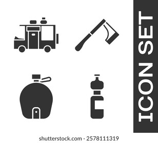 Set Bottle of water, Rv Camping trailer, Canteen water bottle and Wooden axe icon. Vector