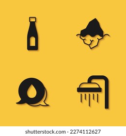 Set Bottle of water, Shower, Water drop with speech bubbles and Iceberg icon with long shadow. Vector