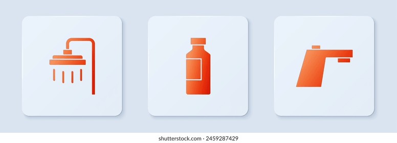 Set Bottle of water, Shower and Water tap. White square button. Vector