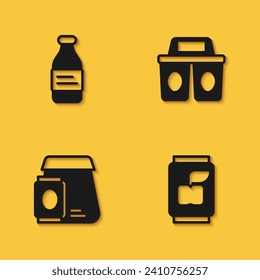 Set Bottle of water, Soda can, Online ordering food and Coffee cup to go icon with long shadow. Vector
