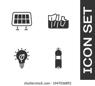 Set Bottle of water, Solar energy panel, Light bulb with leaf and Glacier melting icon. Vector